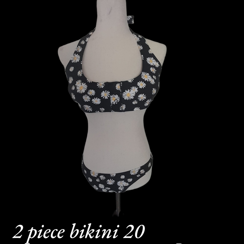 2 piece black background with Daisies bikini with cute little daisies